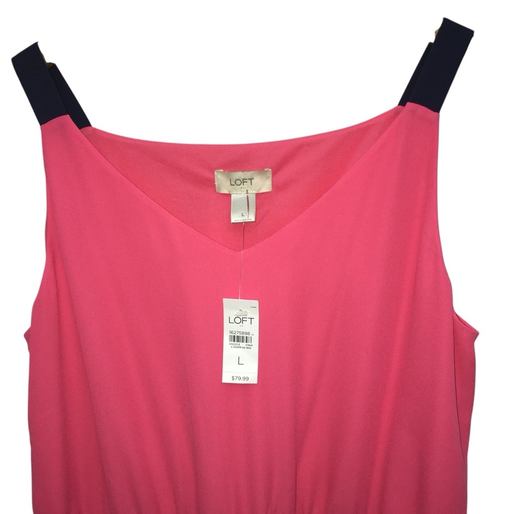 NWT L Ann Taylor LOFT Pink Navy Blue Drawstring Summer Dress - Women Large - Picture 7 of 12